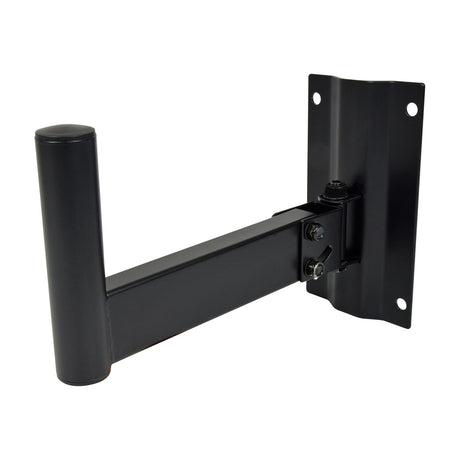 QTX adjustable speaker wall bracket in matte black with 35mm mounting pole, bolted pivot joint and four-hole wall plate, shown on a plain white background.