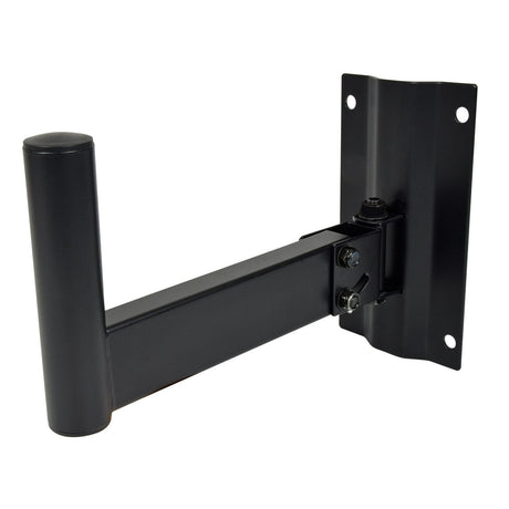 The QTX Speaker Wall Bracket is a black, wall-mounted bracket featuring a cylindrical arm on the left side. Its design includes multiple bolt and hole attachments for secure mounting and allows for horizontal adjustment to achieve optimal placement.