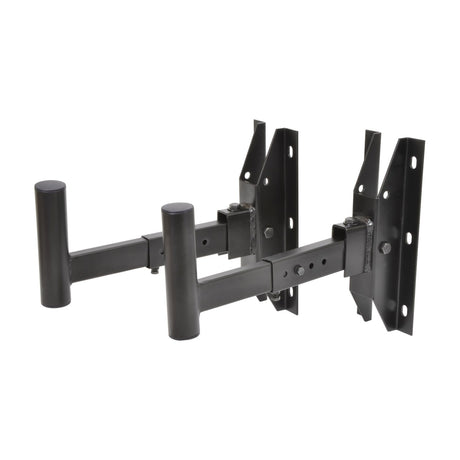 QTX adjustable wall speaker brackets in matte black steel, pair with 35mm posts and tilt-adjustable extending arms on a white background.