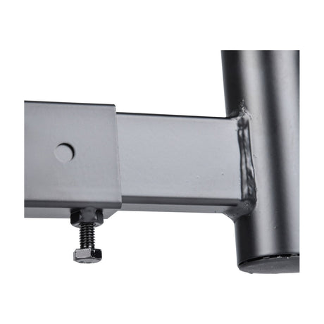 Close-up of the QTX adjustable speaker wall bracket by AVSL, showing the black steel arm, welded 35mm pole tube and adjustment bolt.