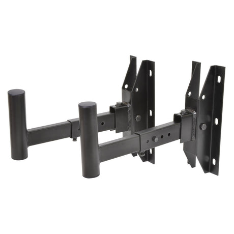 Introducing the QTX Adjustable Speaker Wall Brackets, crafted from black metal and designed for wall mounting. This equipment holder boasts multiple adjustable arms and brackets, complemented by sturdy cylindrical supports. It features tilt adjustment for enhanced versatility and a series of holes to customize both width and height, making it ideal for securely holding speakers or other audio devices.