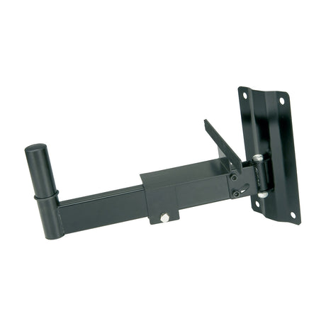 QTX adjustable tilt speaker wall bracket by AVSL in matte black, with extendable arm, 35mm mounting pole and rectangular wall plate, on a white background.