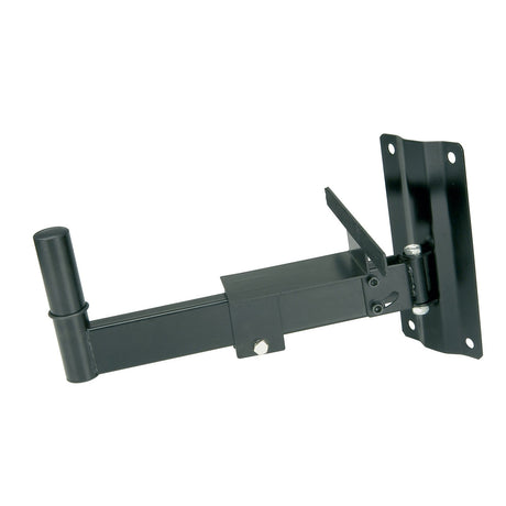 The QTX Speaker Wall Bracket (Horizontal & Tilt Adjustment) is a sleek black adjustable support featuring a straight arm design, offering secure attachment through multiple bolt holes. With its swivel mechanism for directional movement, it is perfect as a speaker bracket or for holding various equipment.