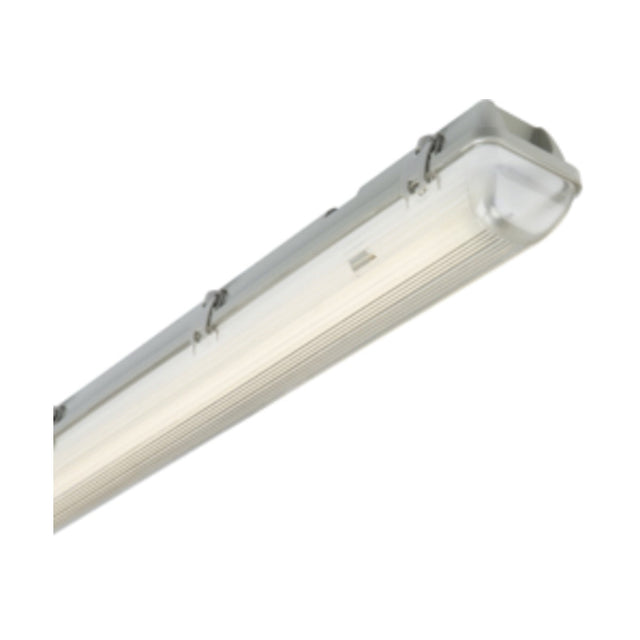 The Single 4ft T8 LED Ready Non-Corrosive Fitting IP65 features a rectangular shape and metallic clips along the sides, designed with a protective casing resembling an LED T8 batten. Its IP65-rated non-corrosive casing ensures durability, while the light emits a bright, even glow against a plain white background.