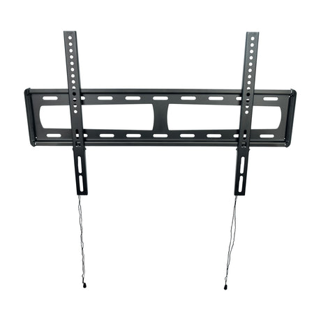 AVSL AV:Link LPF600 fixed ultra slim TV bracket in black steel with vertical arms, slotted wall plate, and two release drawstrings, on a white background.