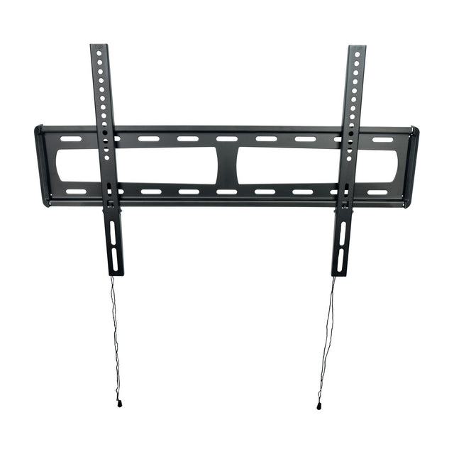 AVSL AV:Link LPF600 fixed ultra slim TV bracket in black steel with vertical arms, slotted wall plate, and two release drawstrings, on a white background.