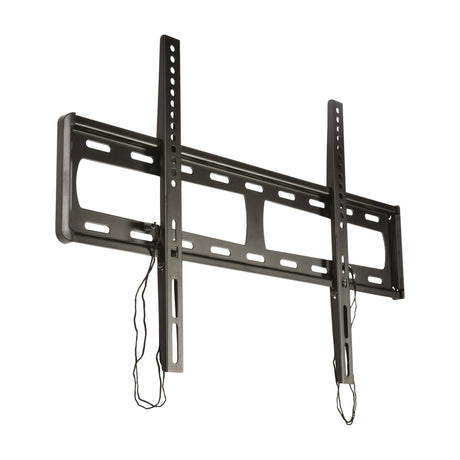 AVSL AV:Link LPF600 fixed ultra slim TV bracket in black with vertical VESA arms, horizontal wall rails and release drawstrings, on a white background.