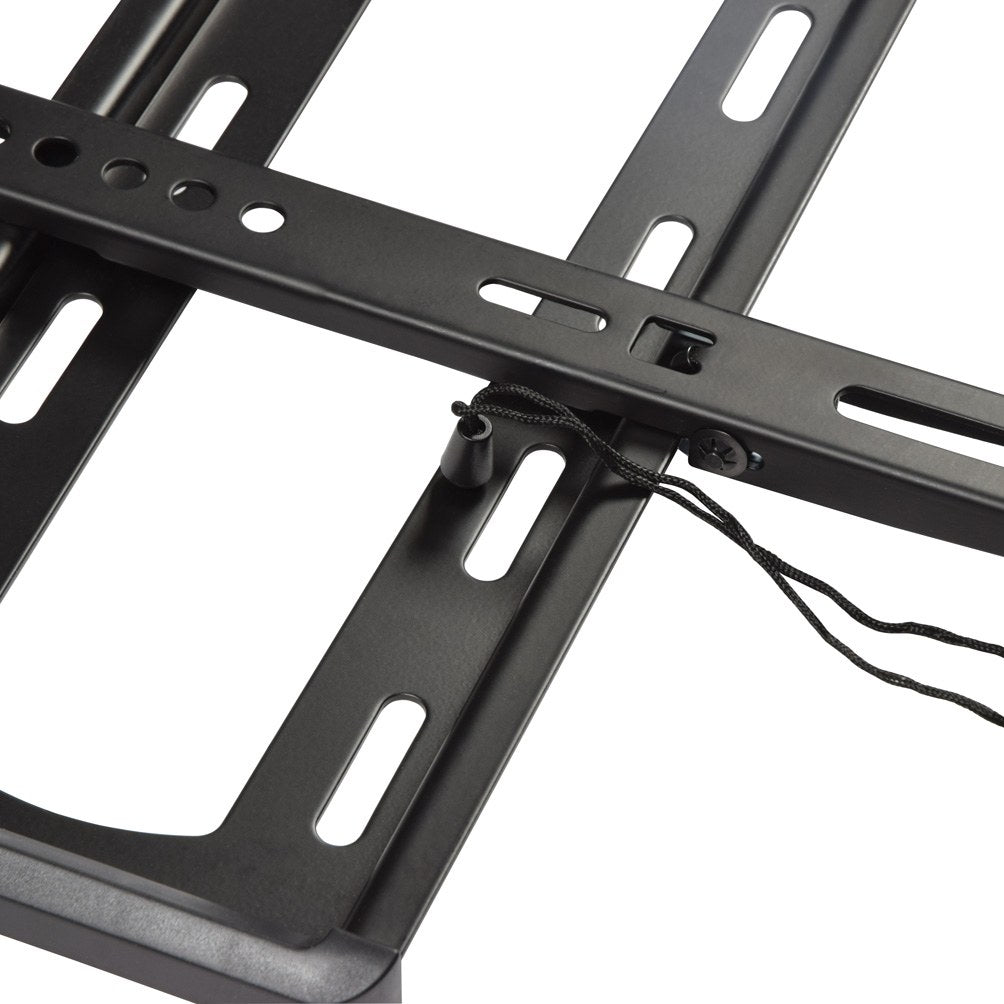 Close-up of the AVSL AV:Link LPF600 fixed ultra slim TV bracket in matte black, showing the slotted wall plate, self-locking mechanism, and release drawstrings.