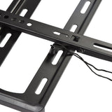 Close-up of the AVSL AV:Link LPF600 fixed ultra slim TV bracket in matte black, showing the slotted wall plate, self-locking mechanism, and release drawstrings.