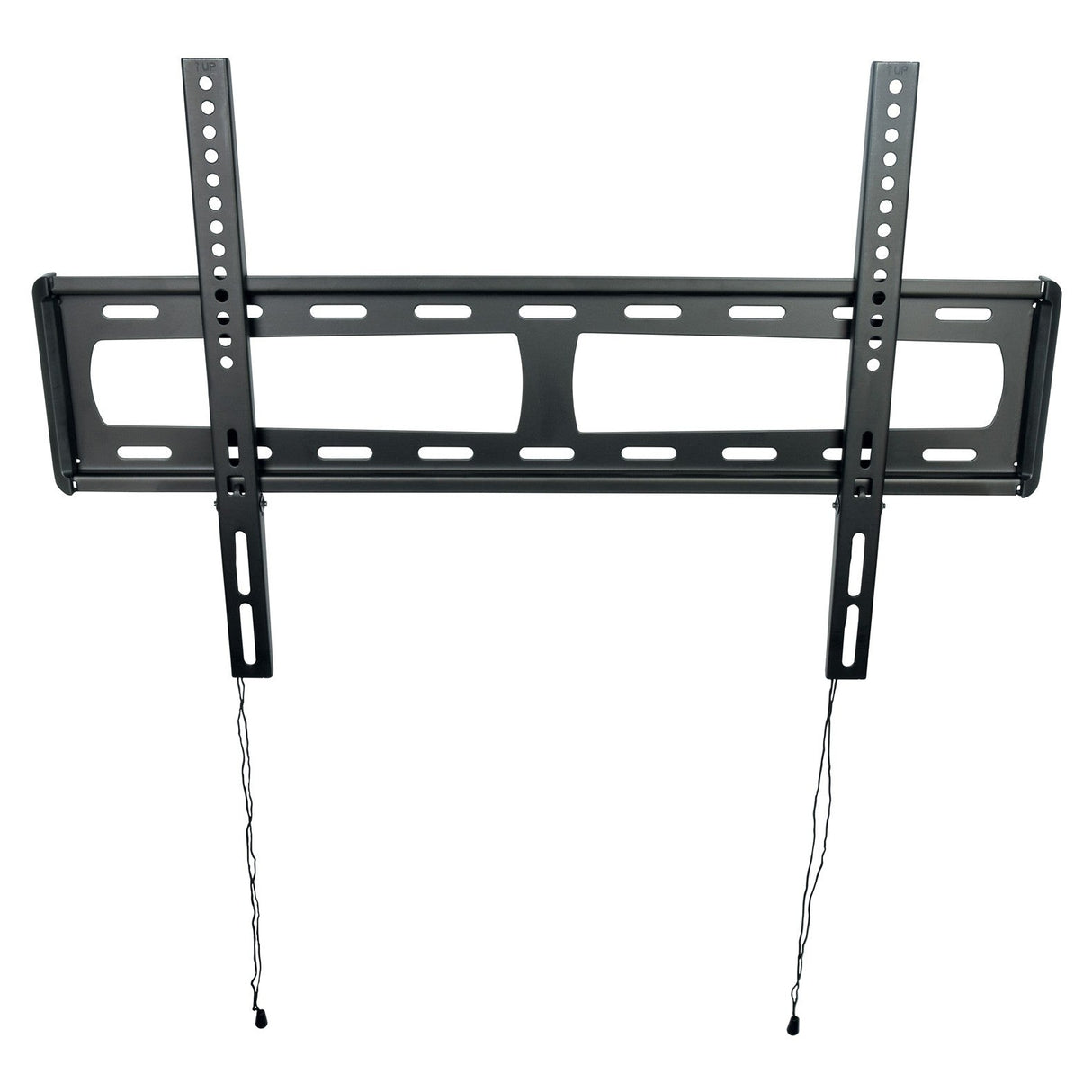 The AV:Link VESA Fixed Ultra Slim TV Bracket (32–80 inch) in black features VESA 600x400mm compatibility, multiple adjustable mounting holes, and two hanging pull cords for easy installation and quick-release mounting.
