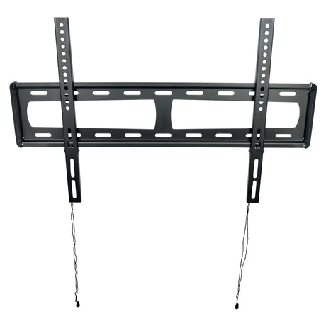 The AV:Link VESA Fixed Ultra Slim TV Bracket (32–80 inch) in black features VESA 600x400mm compatibility, multiple adjustable mounting holes, and two hanging pull cords for easy installation and quick-release mounting.