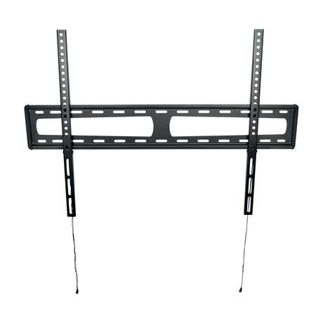 AV:Link LPF800 fixed ultra slim TV wall bracket in black steel with vertical VESA arms and release drawstrings, shown on a plain white background.