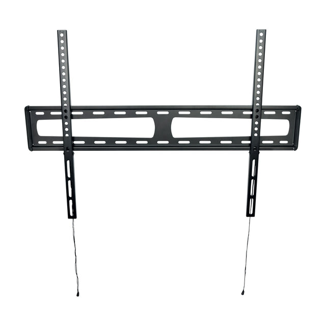 AV:Link LPF800 fixed ultra slim TV wall bracket in black steel with vertical VESA arms and release drawstrings, shown on a plain white background.