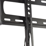 Close-up of the AV:Link LPF800 fixed ultra slim TV wall bracket in matte black steel, showing VESA slots, mounting holes and release drawstrings.