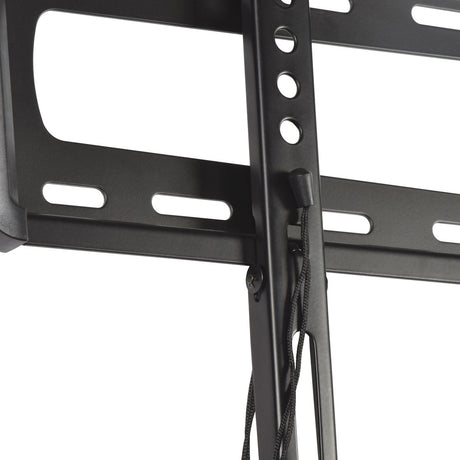 Close-up of the AV:Link LPF800 fixed ultra slim TV wall bracket in matte black steel, showing VESA slots, mounting holes and release drawstrings.