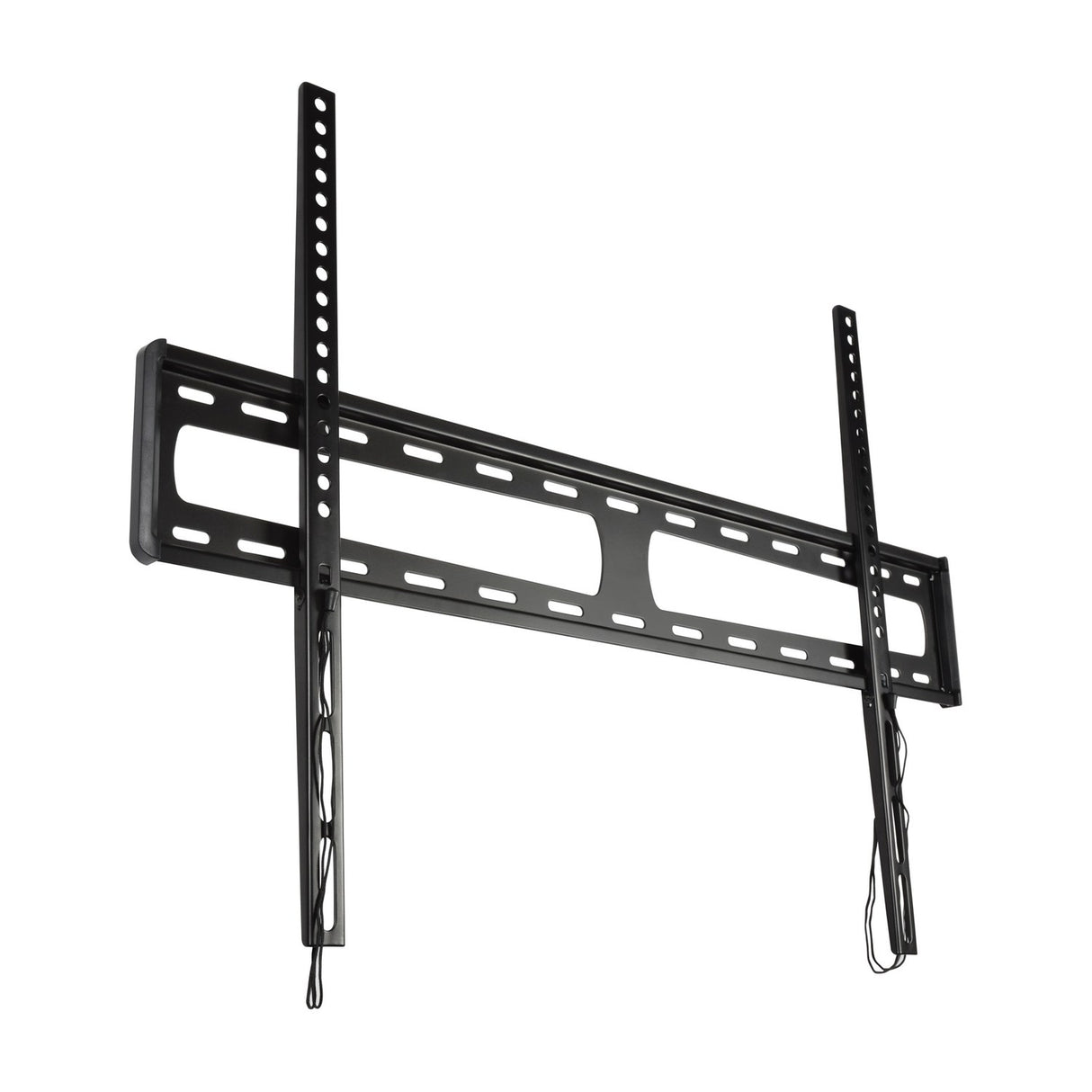 AV:Link LPF800 fixed ultra slim TV wall bracket in black steel with VESA mounting slots and release drawstrings, shown on a white background.