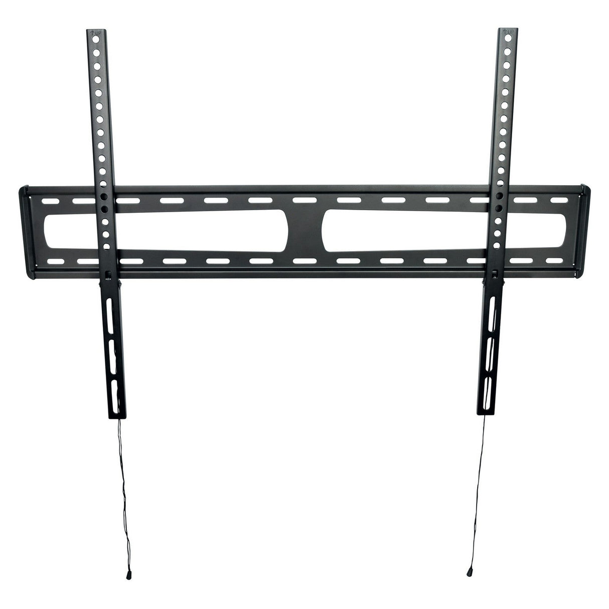 The AV:Link VESA Fixed Ultra Slim TV Bracket (47-90 inch) is a black wall mount for flat-screens, featuring dual vertical rails with mounting holes, pull strings below, and supports VESA 800x600—perfect for large TVs.