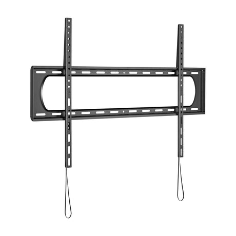 AV:Link fixed heavy duty TV bracket for 60" to 120" screens, black steel wall mount with vertical rails and release drawstrings, on a white background.