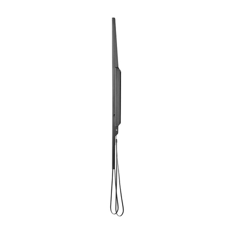 Side profile of the AV:Link fixed heavy duty TV bracket in matte black, showing its slim 35mm wall gap and two release drawstrings, on a white background.