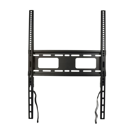 AV:Link fixed vertical anti-theft TV wall bracket in black steel with portrait VESA rails, central mounting plate and safety pull cords, on white.