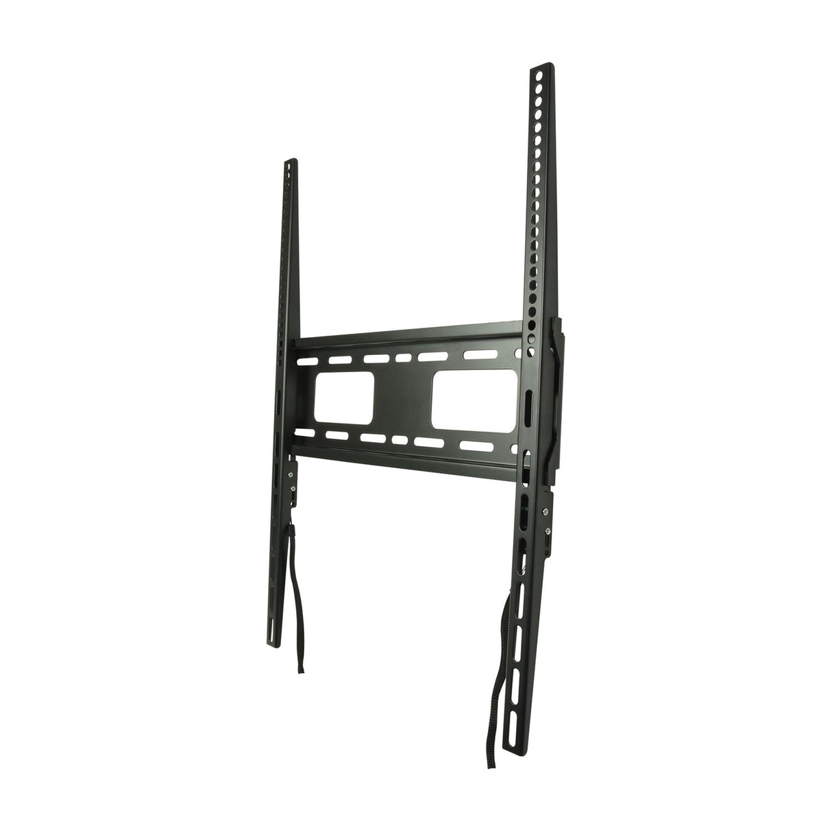 AVSL AV:Link fixed vertical anti-theft TV wall bracket in black steel with portrait orientation, slotted arms and central VESA plate, on a white background.