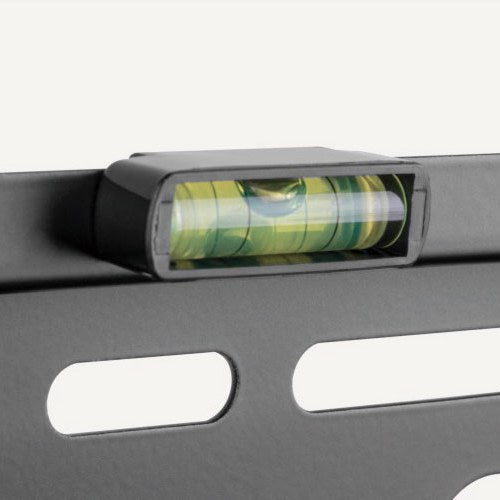 Close-up of the AVSL AV:Link fixed vertical anti-theft TV wall bracket showing the built-in spirit level on the matte black steel frame.