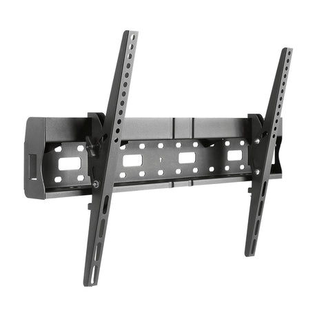 AV:Link tilting TV bracket for 37" to 70" screens in matte black steel, with vertical mounting arms and a boxed media shelf, on a white background.