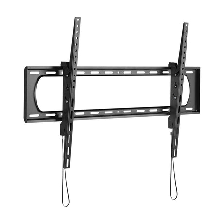 AV:Link heavy duty tilting TV bracket in matte black steel with open frame, VESA rails and release drawstrings, for 60" to 120" screens, on white.
