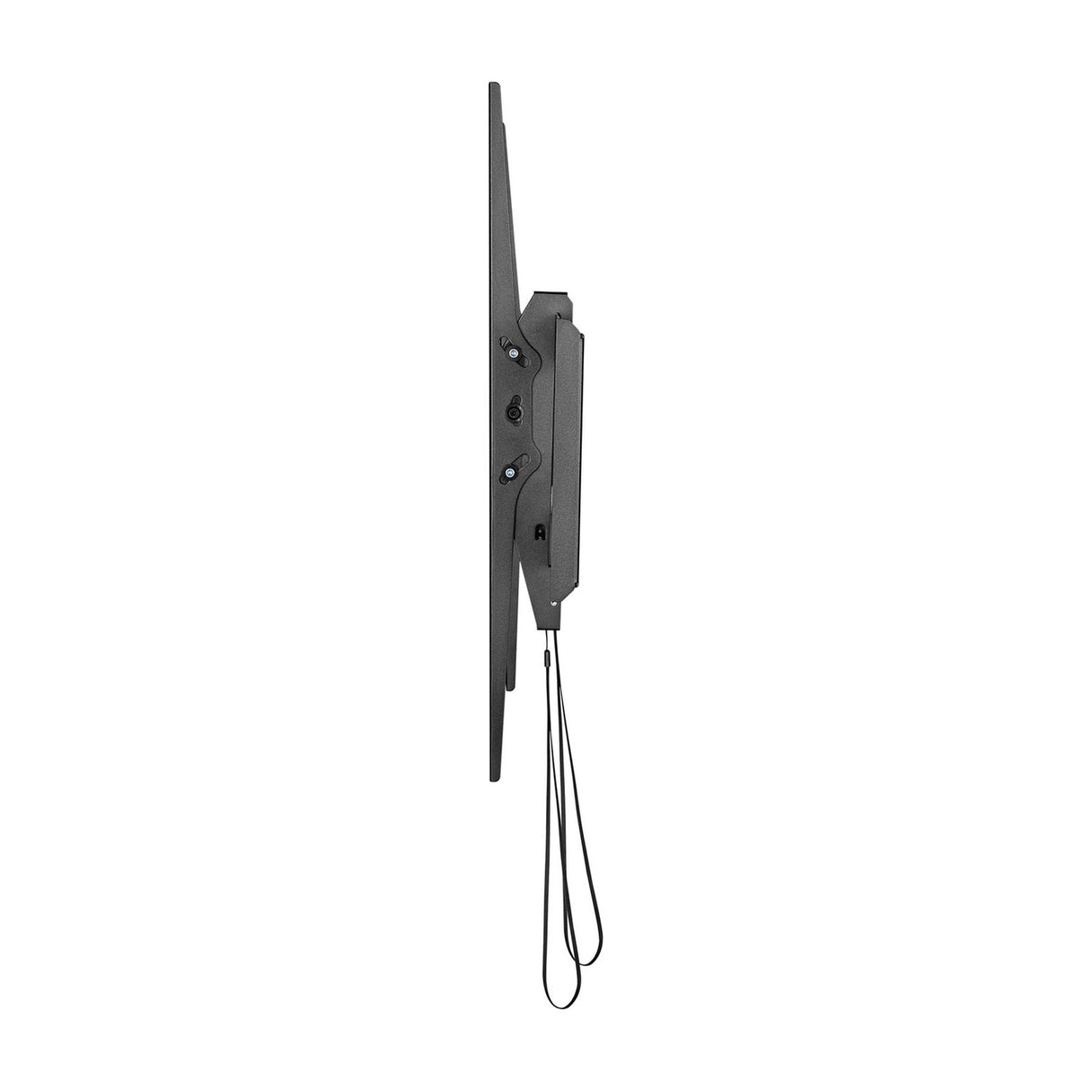 Side profile of the AV:Link heavy-duty tilting TV bracket in matte black, showing the tilt mechanism and dual release drawstrings on a white background.
