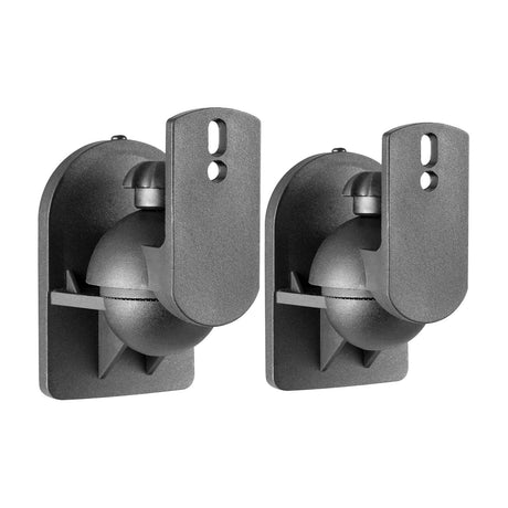 AV:Link Universal Adjustable Speaker Wall Mounts by AVSL, pair of matte black swivel and tilt brackets with thumbscrews, shown on a white background.