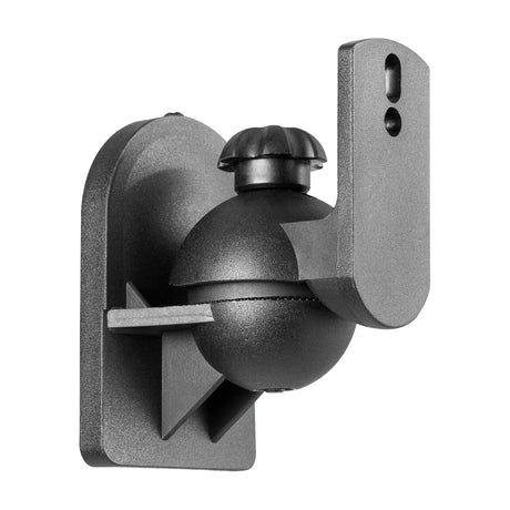 AV:Link universal adjustable speaker wall mount by AVSL in matte black, showing the ball-joint swivel head, thumbscrew, and slotted wall bracket.