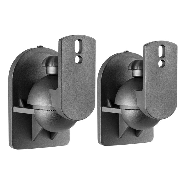 The AV:Link Universal Adjustable Speaker Wall Mounts are available in gray and feature two wall-mounted swivel brackets with a spherical base and vertical plate, each with two screw holes for easy installation. They are perfect for universal use, whether as speaker mounts or camera holders, offering adjustable swivel and tilt features for optimal positioning.