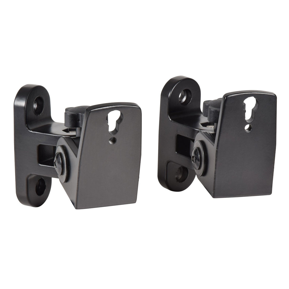 Introducing the AV:Link heavy duty universal adjustable speaker wall brackets in black. Designed with keyhole slots and adjustable screws, these brackets are expertly crafted from durable aluminum alloy, making them ideal for securely mounting items such as speakers or shelves. Displayed side by side against a white background, their sleek appearance adds a touch of elegance to any setting.