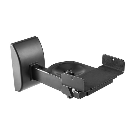 AV:Link universal side clamping speaker wall mount in matt black steel with adjustable clamps, foam pads and cable guide, shown on a plain white background.
