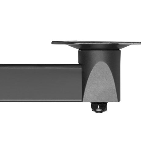 Close-up of the AV:Link Universal Side Clamping Speaker Wall Mount by AVSL, showing the matt black steel arm, swivel joint and top mounting plate.