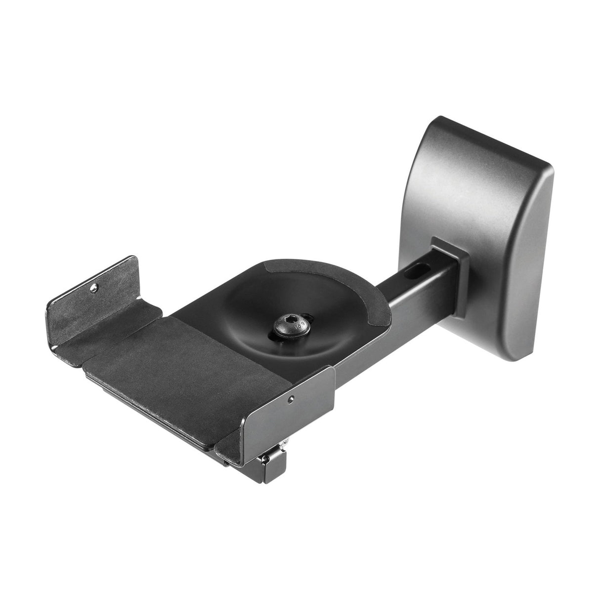 AV:Link universal side clamping speaker wall mount by AVSL in matt black steel with foam-padded adjustable clamps and swivel arm, on a white background.