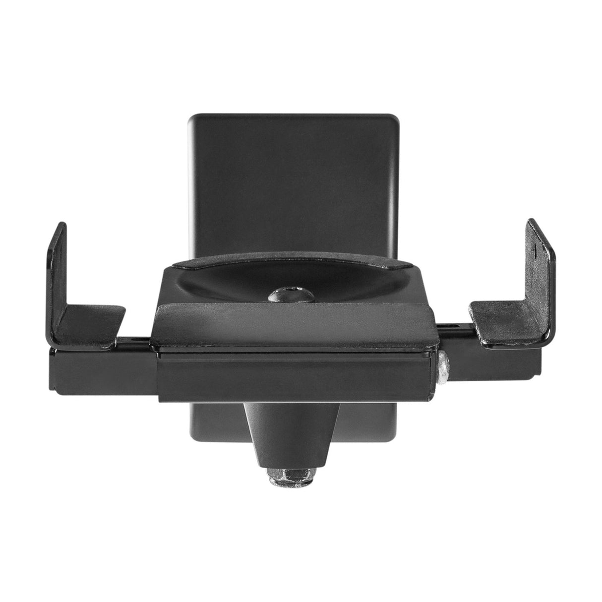 AV:Link universal side clamping speaker wall mount in matt black steel with adjustable foam-padded clamps and cable guide, shown on a white background.