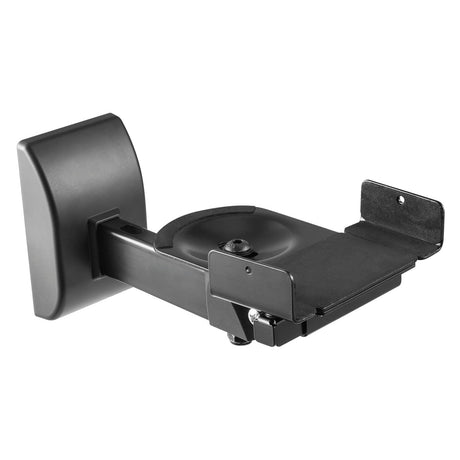 The AV:Link Universal Side Clamping Speaker Wall Mount is a stylish black adjustable bracket designed to support various devices or objects. It features a flat rectangular mounting surface and a pivoting joint for flexible positioning, while its contemporary look is enhanced by adjustable side clamps for increased versatility.