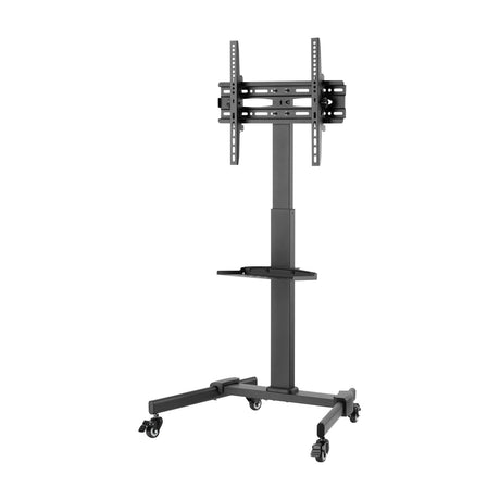 AV:Link compact height adjustable mobile TV trolley in matte black with tilting VESA bracket, accessory shelf, and four lockable casters on a white background.