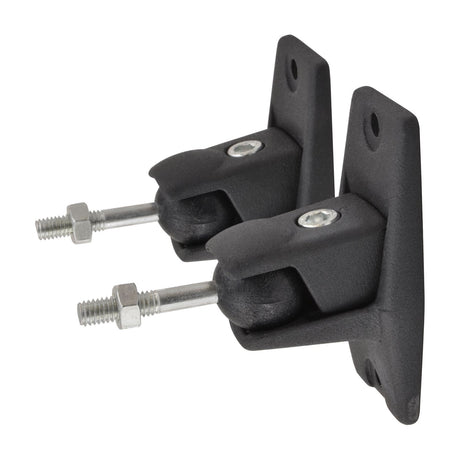 Adastra UM01 universal speaker brackets in matt black by AVSL, shown as a pair with swivel arms, bolts and nuts on a white background.