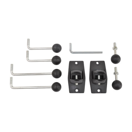 Adastra UM01 universal speaker brackets in black, pair set with two wall plates, four L-shaped swivel arms, two straight arms and Allen key.
