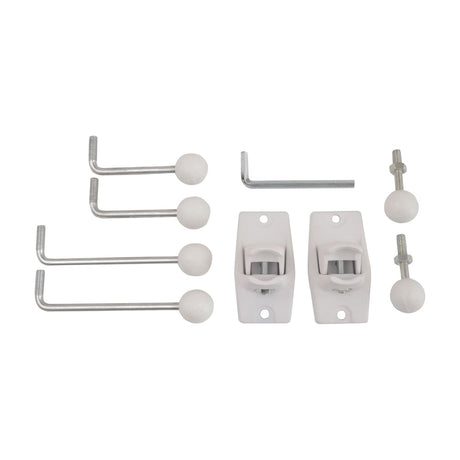 Adastra UM01 universal swivel speaker brackets in white, shown as a pair with swivel arms in three sizes, mounting blocks and an Allen key.