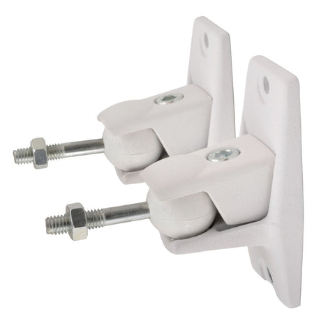 The Adastra Universal Speaker Bracket in white is ideal as a speaker mount, boasting adjustable swivel ball joints and secure bolts. It is designed for attaching fixtures or satellite speakers and features a smooth, rounded structure with screw holes for easy wall installation. This product comes as a set of two.