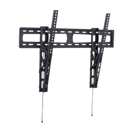 AV:Link LPT800 ultra slim tilting TV wall bracket in black steel with dual vertical arms and release drawstrings, for 47" to 90" screens, on white.