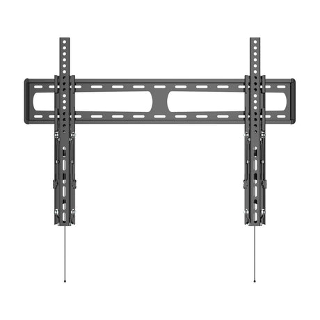 AV:Link LPT800 ultra slim tilting TV bracket in black steel with wide horizontal rail and two vertical arms with drawstrings, shown on a white background.