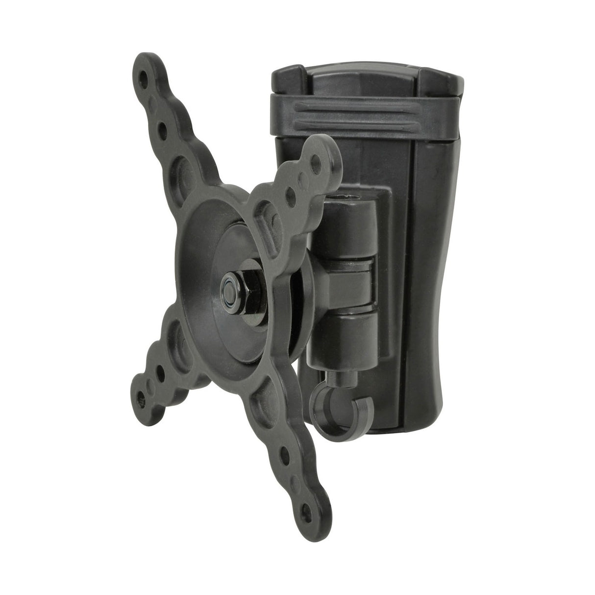 AV:Link HQS201 full motion TV wall bracket in black steel with VESA plate, swivel arm and cable hook, shown on a plain white background.