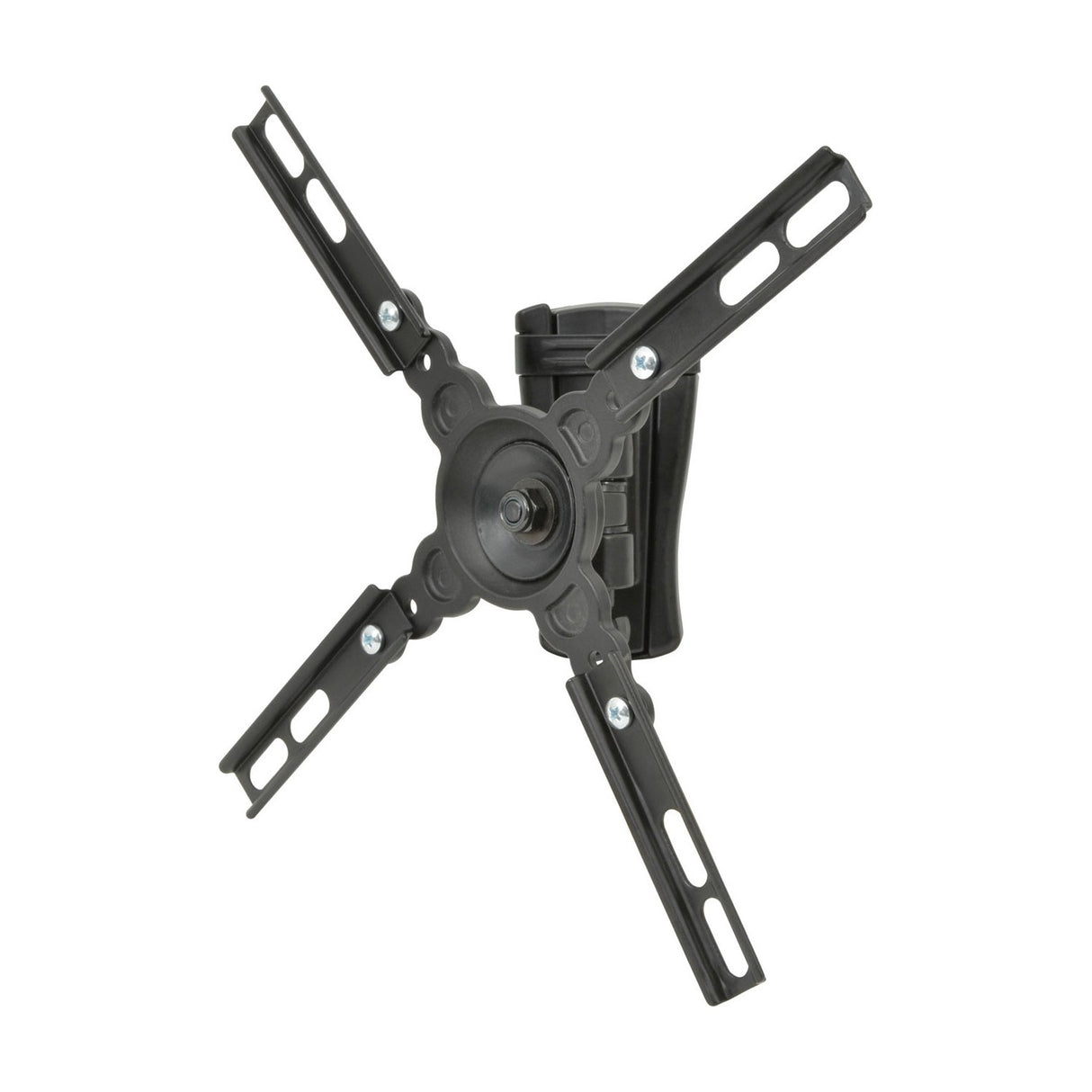AV:Link HQS201 full motion TV wall mount bracket in black steel with extendable VESA adaptor arms and central swivel joint, on a white background.