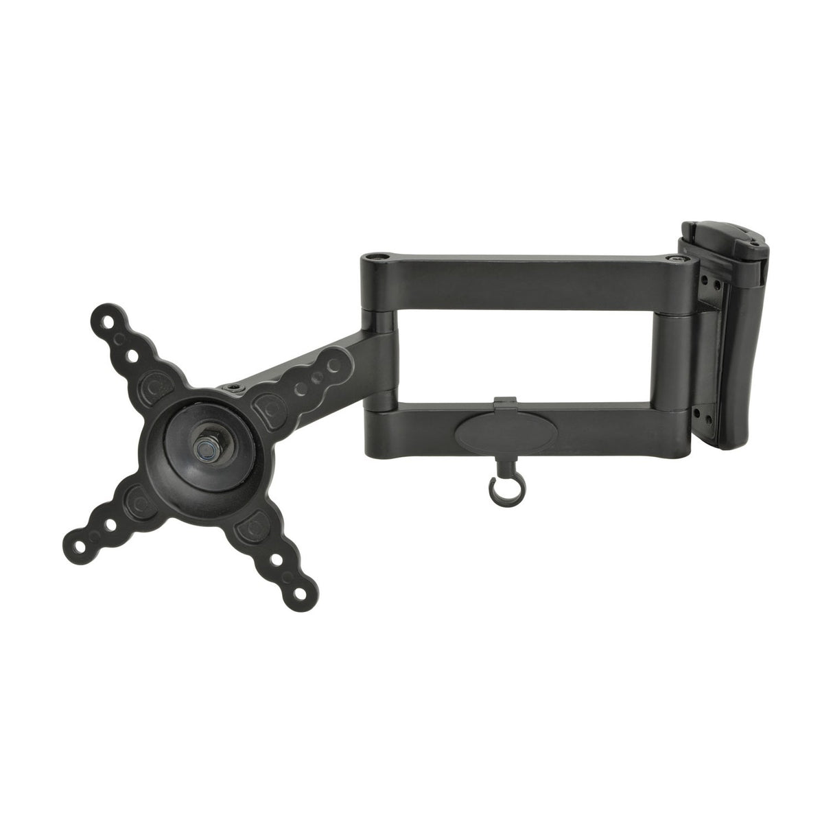 AV:Link HQT201 full motion double arm TV wall bracket in black steel with VESA plate, extendable arms and tilt head, shown on a white background.