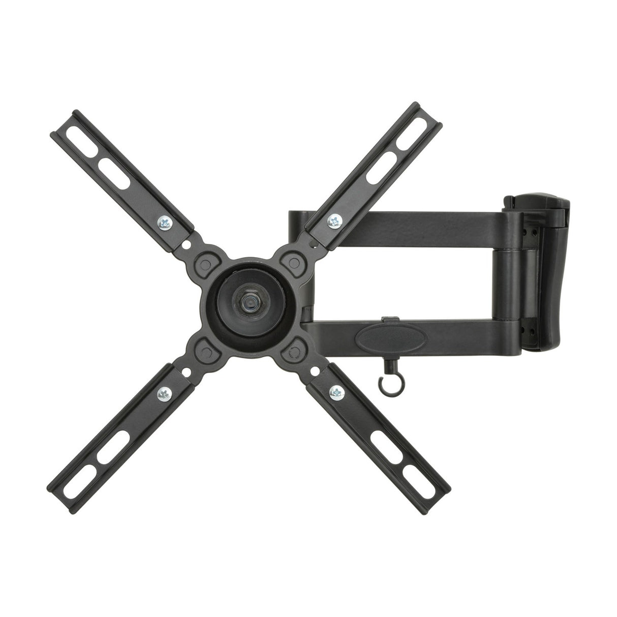 AV:Link HQT201 full motion double arm steel TV wall bracket with extended arms, VESA plate and cable hook, shown on a white background.