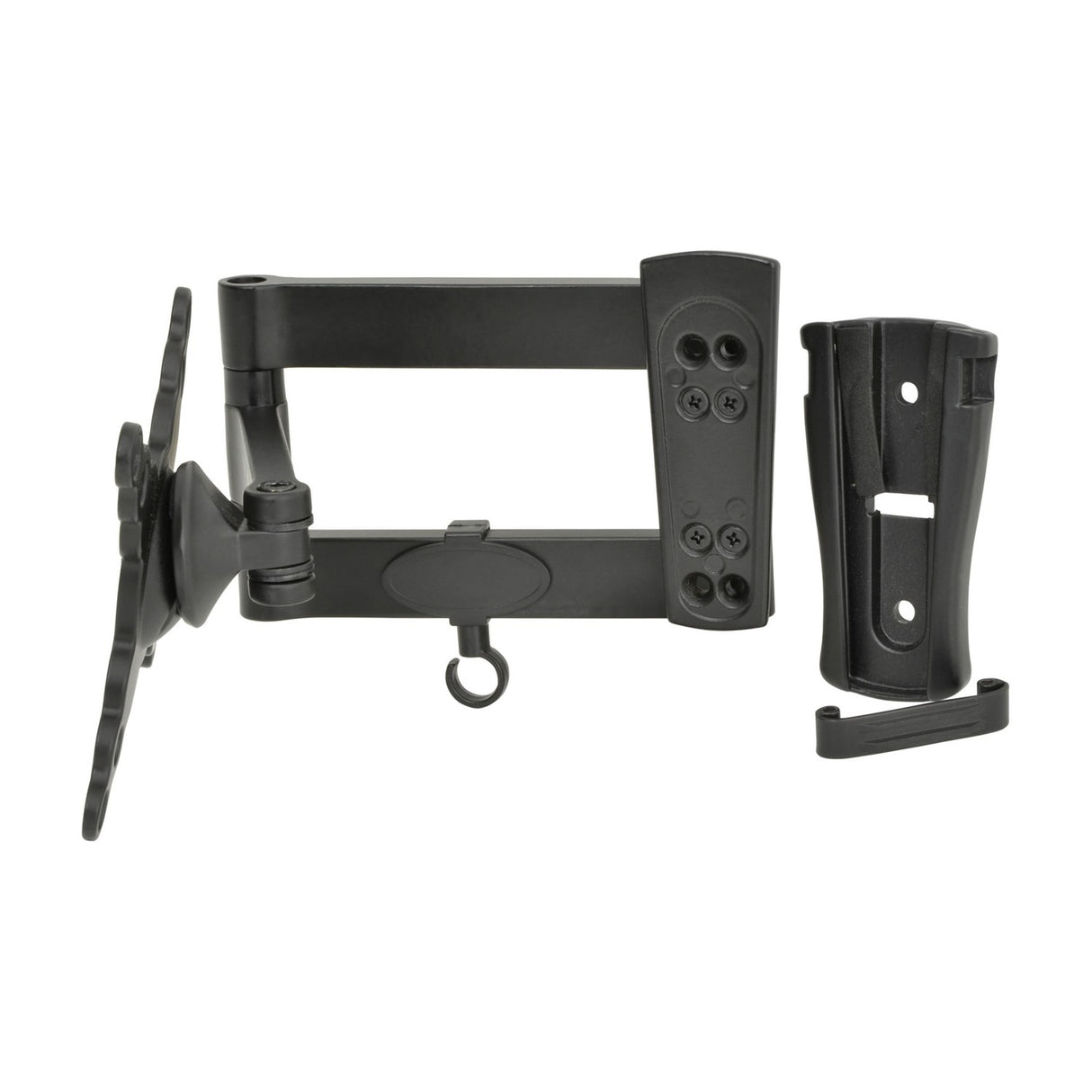 AV:Link HQT201 full motion double arm steel TV wall bracket with VESA plate, tilt joint and separate wall mount piece on a white background.